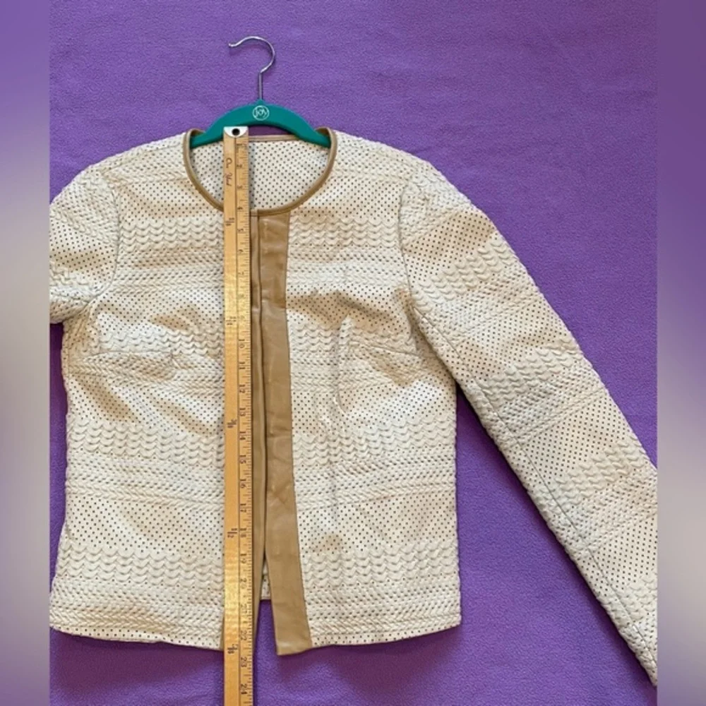 Tory‎ Burch Leather Jacket Woven Lasercut details Cream Tan trim Women’s 6